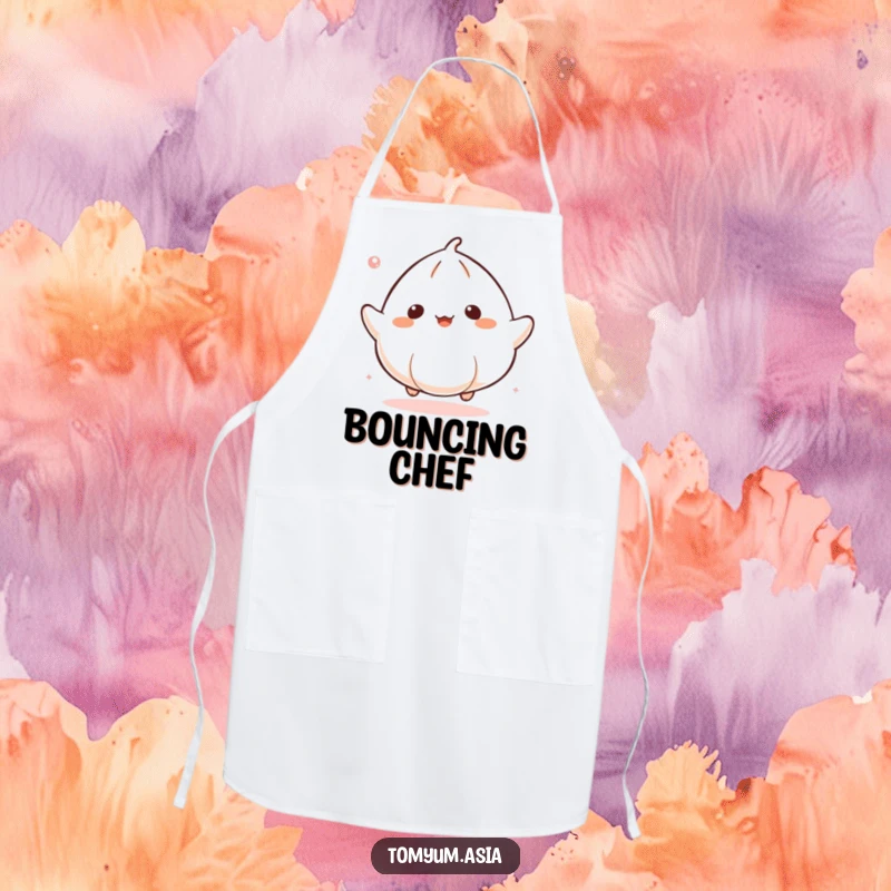 Funny Kawaii dumpling gleefully bouncing on a kitchen apron, bringing humor to cooking.