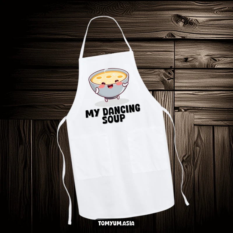 Funny Apron shows a kawaii bowl of steaming soup joyfully dancing, adding a playful touch to your cooking attire.