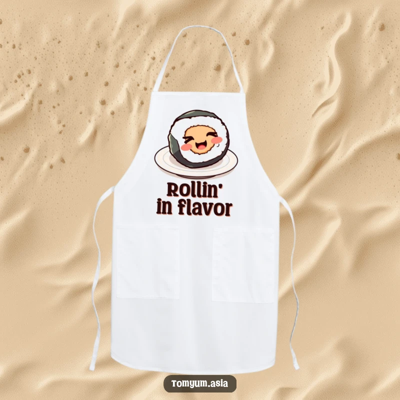 Funny Kawaii sushi roll winking on a chef's apron, bringing humor to the kitchen.