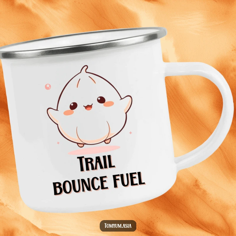 Funny Kawaii dumpling gleefully bouncing on a camping mug, perfect for humorous outdoor drinks.