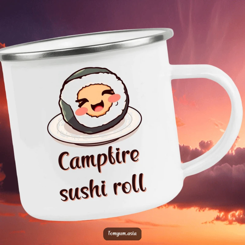 Funny Kawaii sushi roll winking on a sturdy camping mug, perfect for outdoor humor.