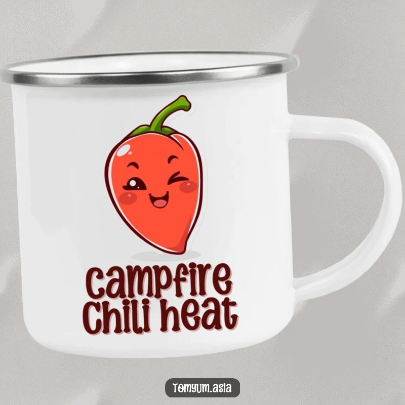Funny Kawaii chili pepper winking on a camping mug, perfect for humorous outdoor drinks.
