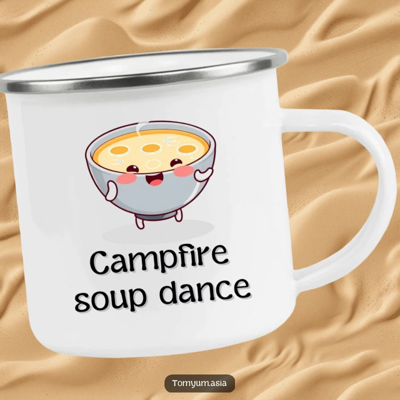 Funny Camping Mug features a kawaii bowl of steaming soup joyfully dancing, ready for your next outdoor meal.