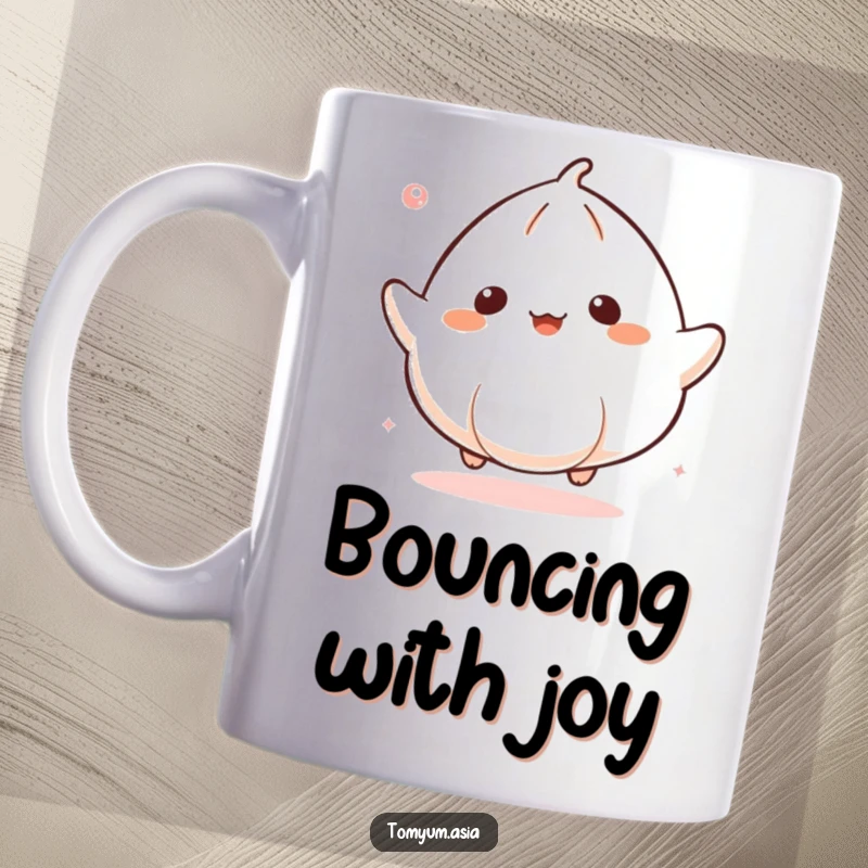 Funny Kawaii dumpling gleefully bouncing like a ball, a cheerful and humorous mug.