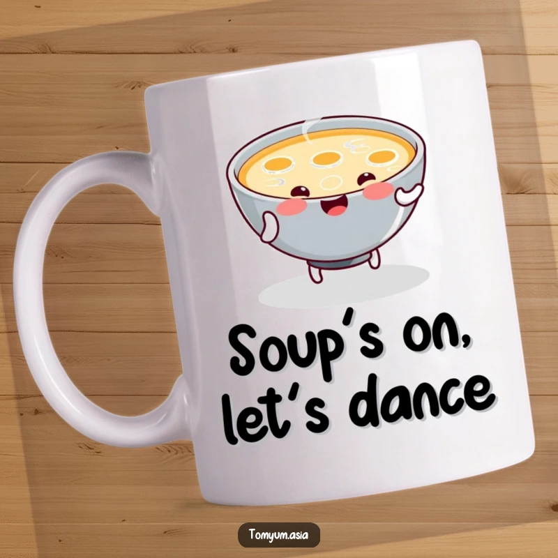 Funny Mug features a kawaii bowl of steaming soup joyfully doing a little dance, radiating happiness and warmth.