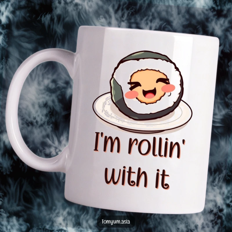 Funny Kawaii sushi roll spinning on a plate with a playful wink, perfect for a humorous gift.