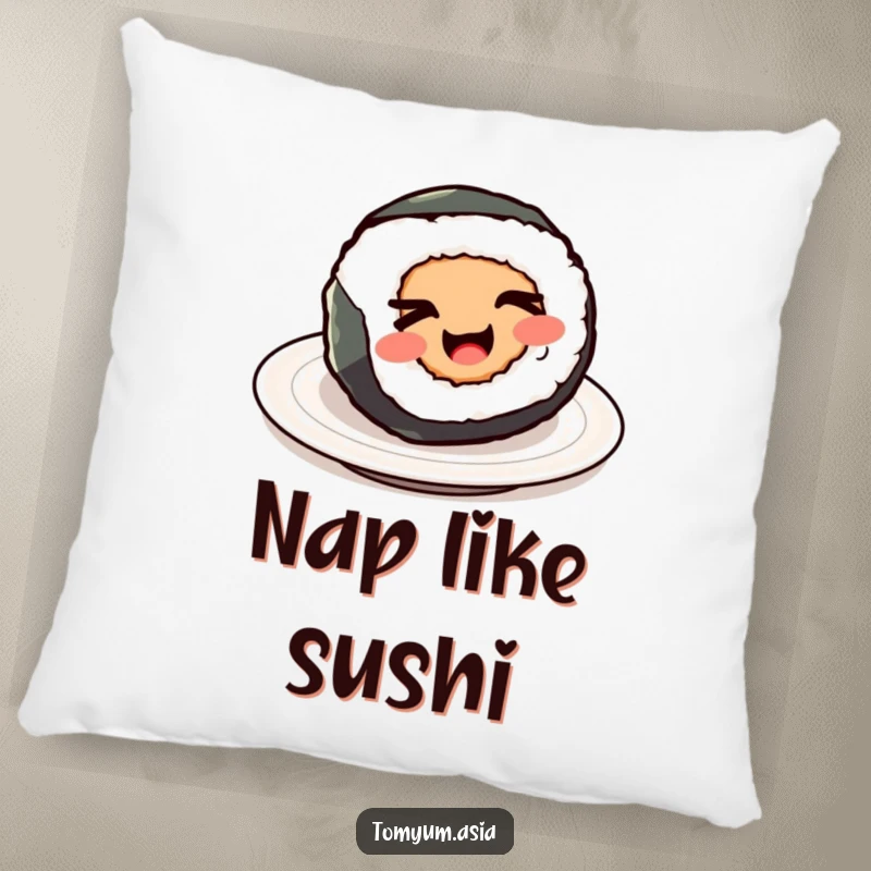 Funny Kawaii sushi roll winking on a soft pillow, adding cute and humorous decor.