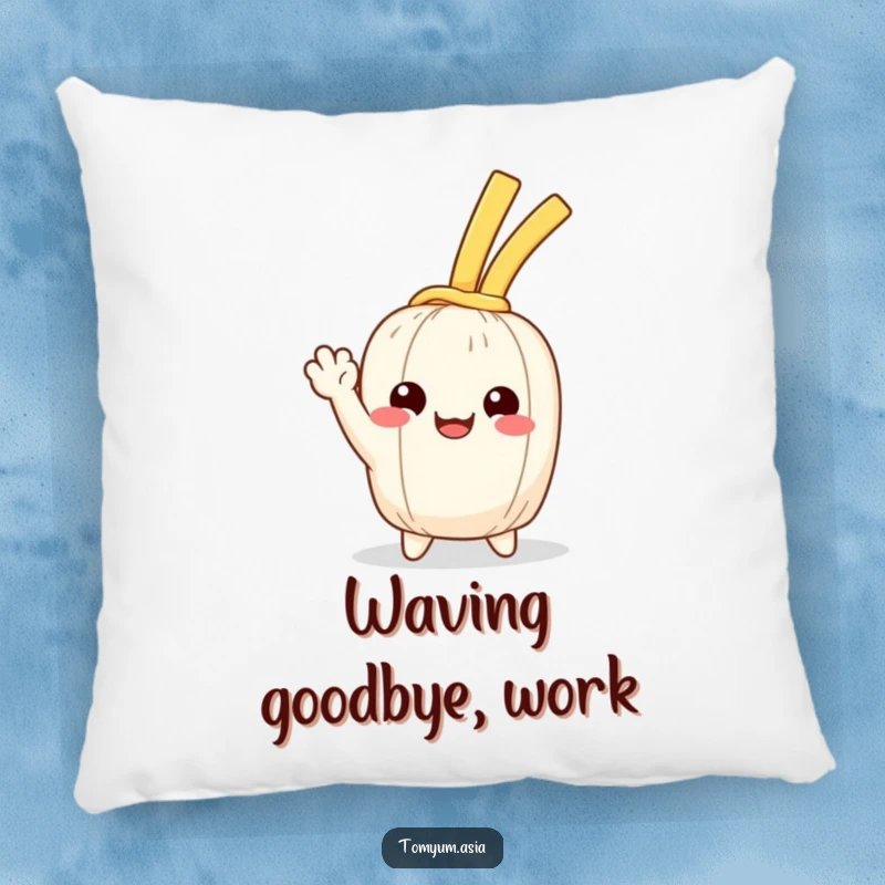 Funny Kawaii noodle happily waving on a plush pillow, adding cute and humorous comfort.