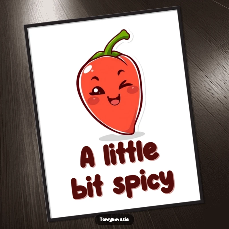 Funny Kawaii chili pepper playfully winking with a mischievous grin, available as humorous art.