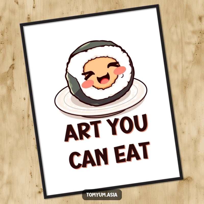 Funny Kawaii sushi roll spinning and winking, ready to download as humorous digital art.