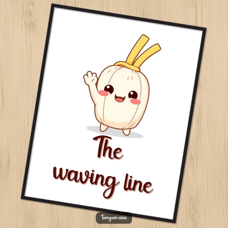 Funny Kawaii noodle happily waving with a cheerful expression, available as humorous art.