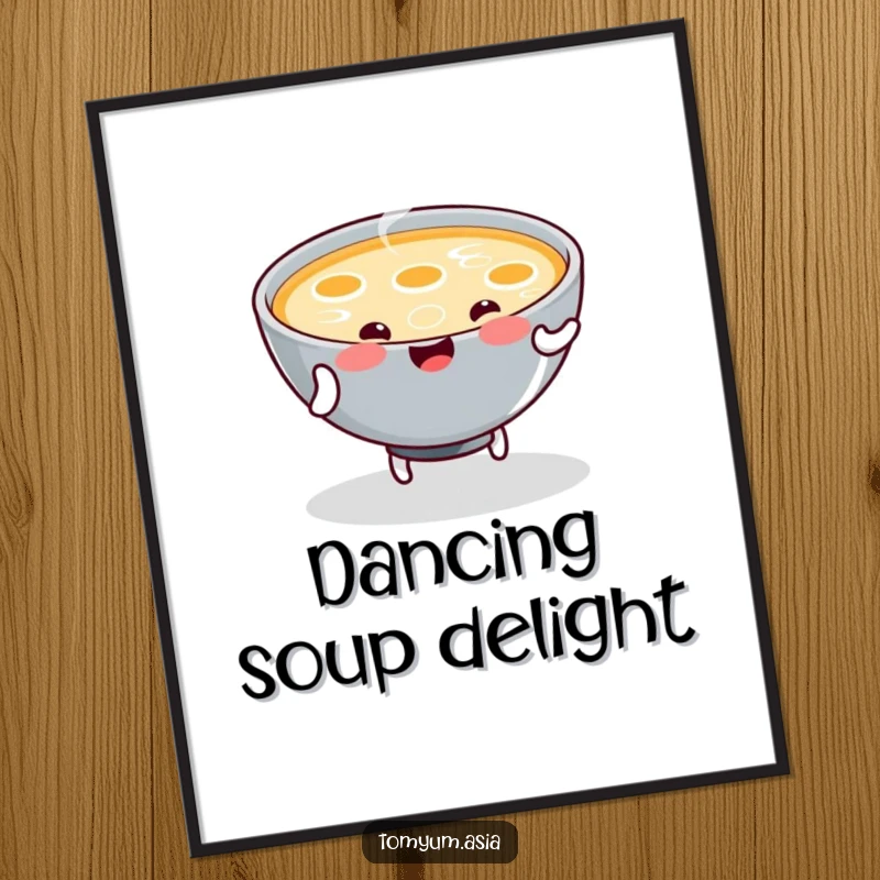 Funny Digital Art Print features a kawaii bowl of steaming soup joyfully dancing, ready for instant download.