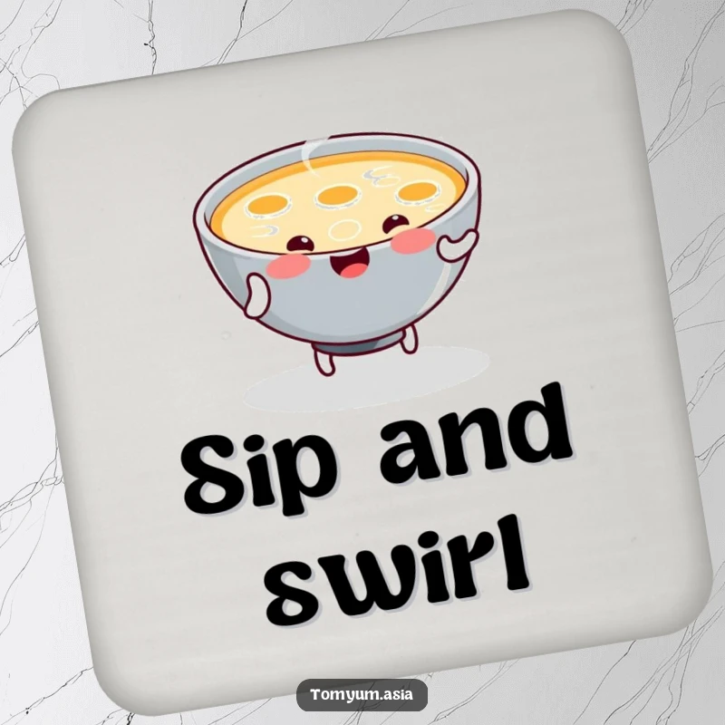 Funny Drink Coaster showcases a kawaii bowl of steaming soup joyfully doing a little dance, adding cheer to any surface.