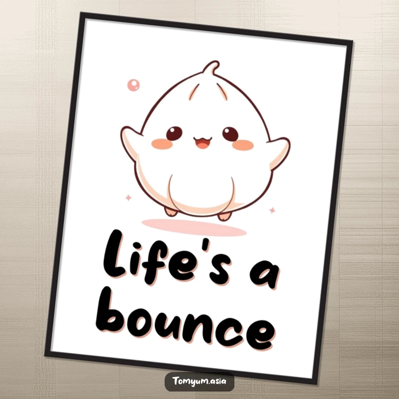 Funny Kawaii dumpling art print, gleefully bouncing like a ball, perfect humorous decor.