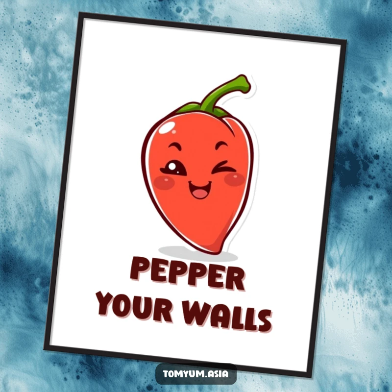 Funny Kawaii chili pepper art print, playfully winking with a mischievous grin, perfect humor.