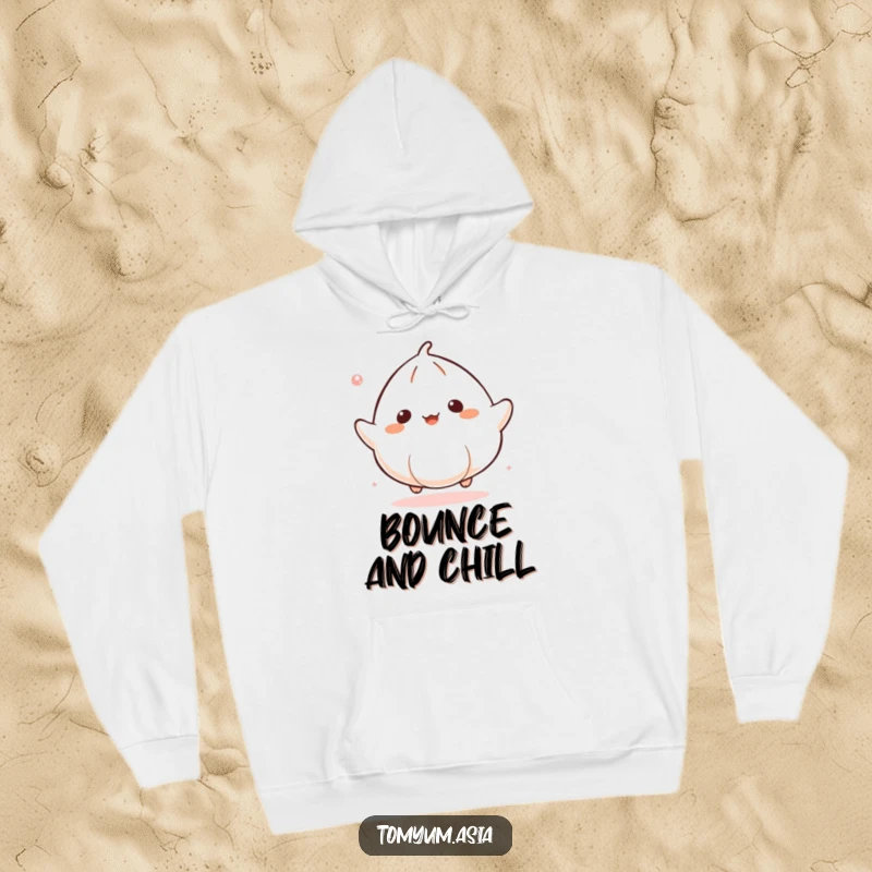Funny Kawaii dumpling joyfully bouncing on a soft hoodie, perfect for cozy, humorous wear.