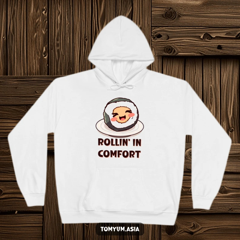Funny Kawaii sushi roll winking mischievously on a cozy hoodie, perfect for a humorous and warm feel.