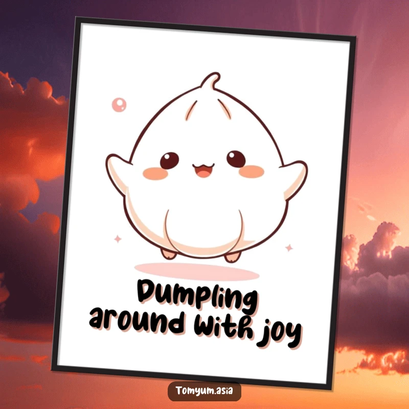 Funny Free Printable Wall Art: A kawaii dumpling is captured gleefully bouncing like a small, energetic ball.