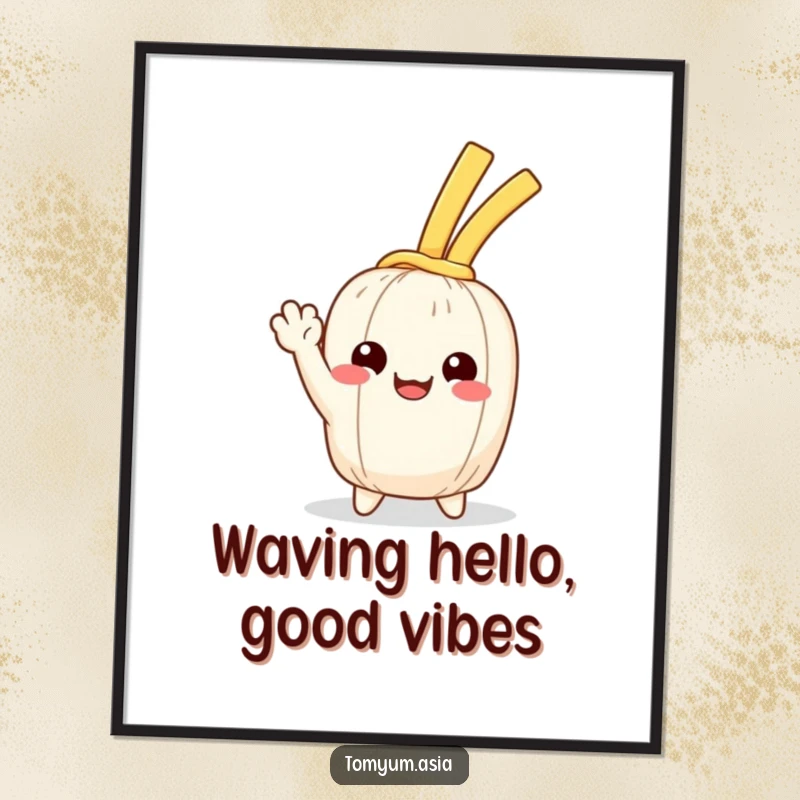 Funny Free Printable Wall Art: A kawaii noodle is shown happily waving with a big, friendly expression.