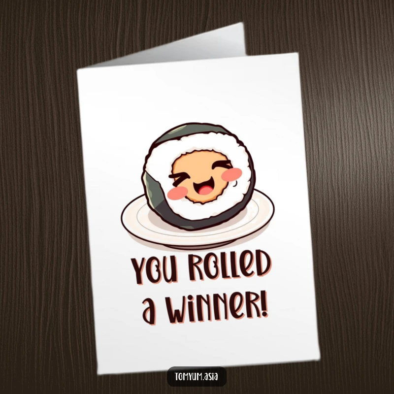 Funny Free Printable Congratulations Card: A kawaii sushi roll spins with a cheerful wink, celebrating your success.