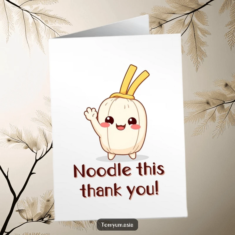 Funny Free Printable Thank You Card: A kawaii noodle offers a happy, cheerful wave of thanks.