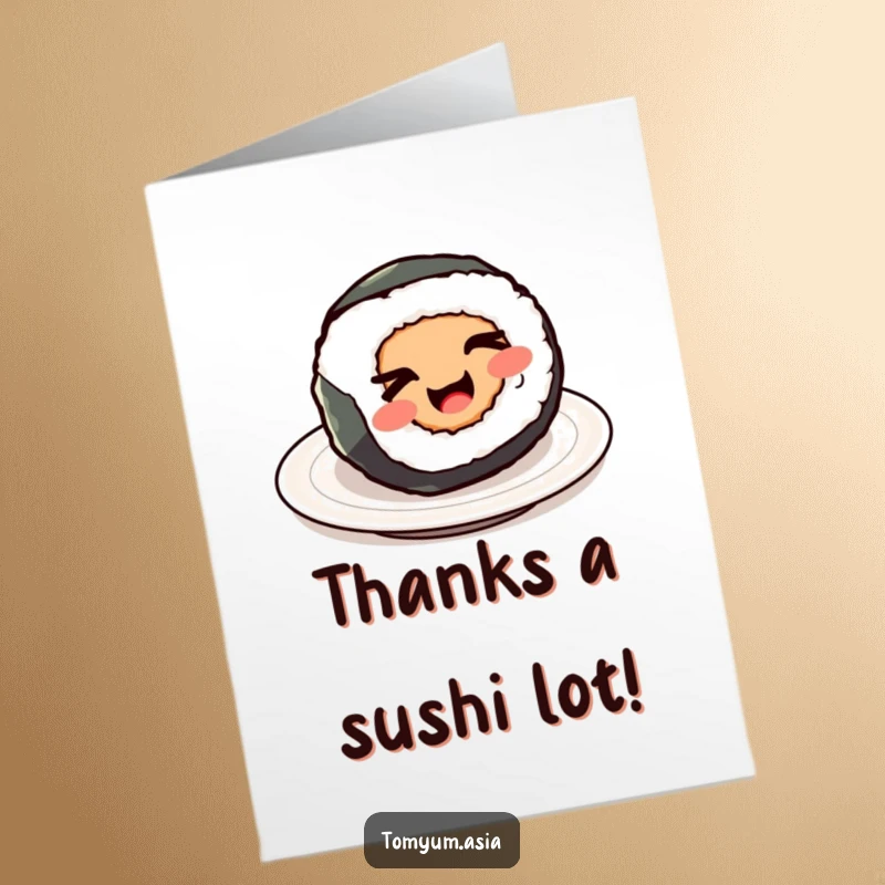 Funny Free Printable Thank You Card: A kawaii sushi roll gives a charming wink from its spinning plate.