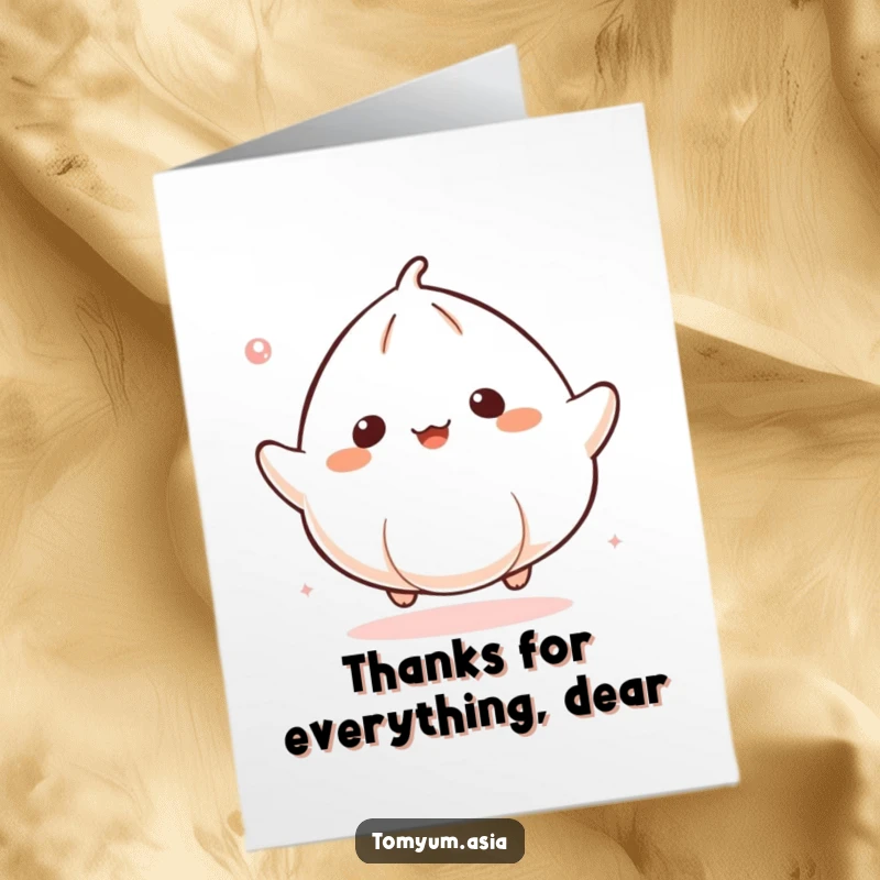Funny Free Printable Thank You Card: A kawaii dumpling bounces energetically, sending thanks with a smile.