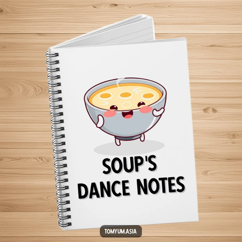 Funny Notebook features a kawaii bowl of steaming soup joyfully dancing, perfect for capturing your culinary inspiration or daily thoughts.