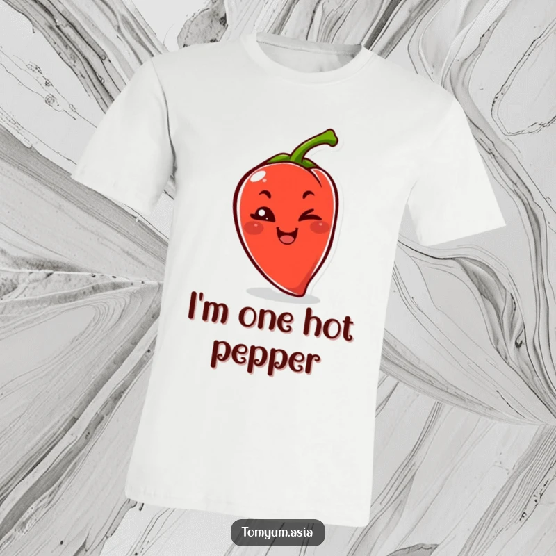 Funny Kawaii chili pepper playfully winking on a t-shirt, radiating mischievous and spicy humor.