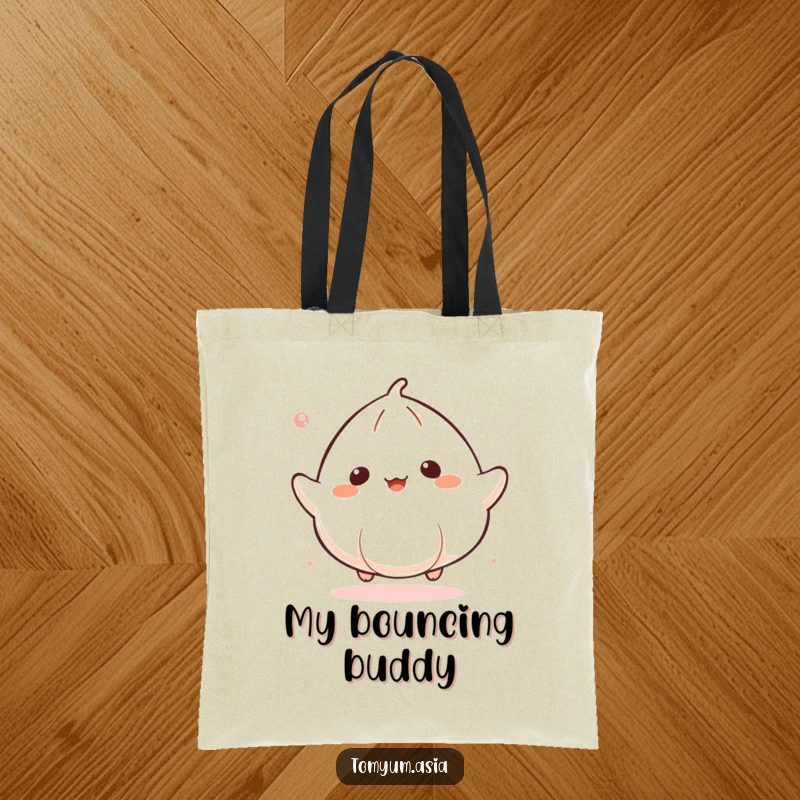 Funny Kawaii dumpling gleefully bouncing on a tote bag, a cute and humorous accessory.