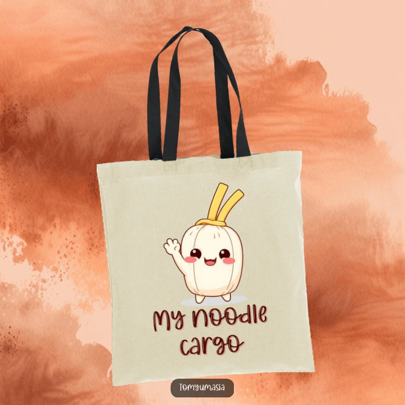 Funny Kawaii noodle happily waving on a tote bag, a cute and humorous accessory.