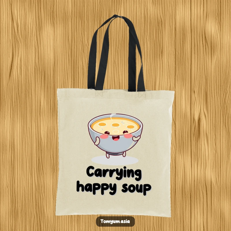 Funny Tote Bag features a kawaii bowl of steaming soup joyfully doing a little dance, perfect for carrying your goodies.